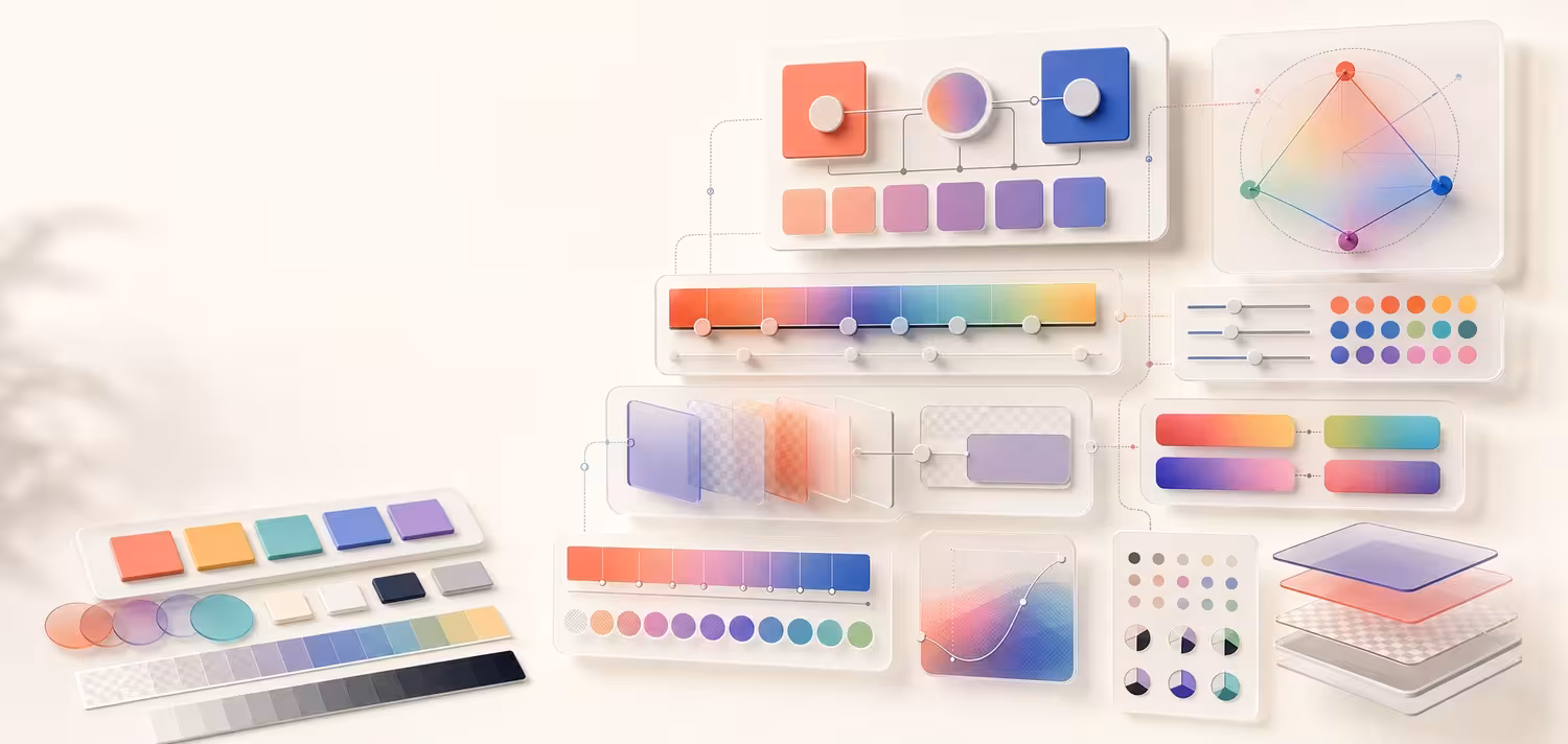 Abstract color mixing and gradient methodology workspace with source swatches, midpoint samples, gradient stop controls, opacity layers, interpolation paths, and sampled outputs.