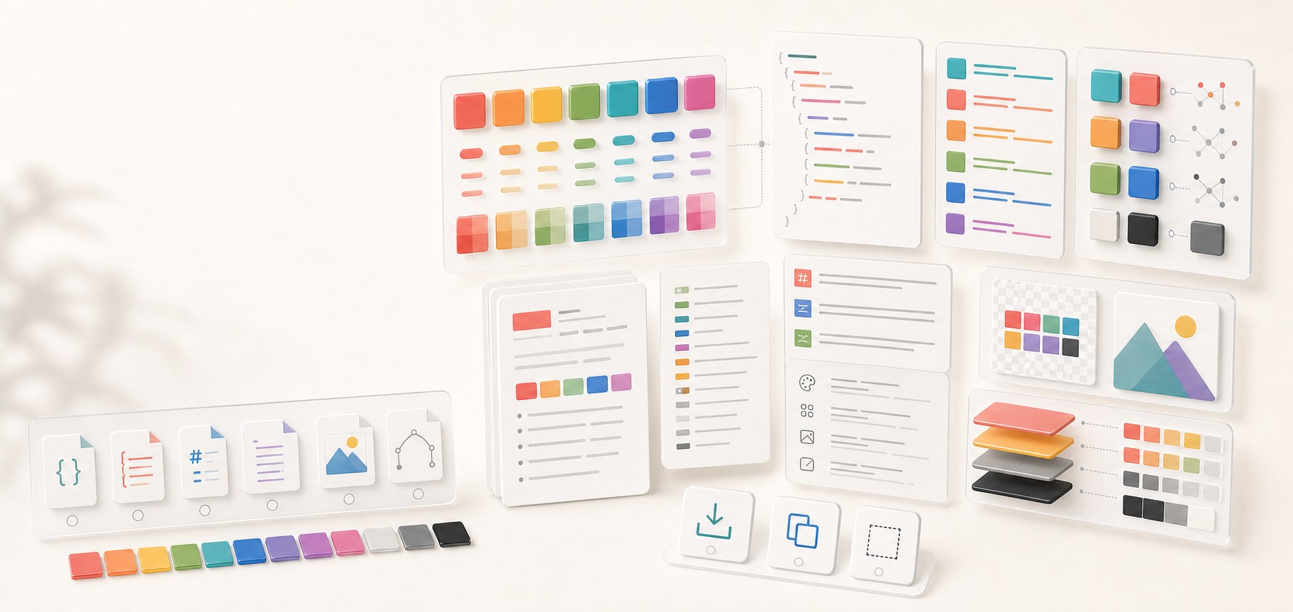 Abstract export formats methodology workspace with palette handoff cards, structured token panels, CSS-style rows, report sheets, visual palette strips, fallback layers, and copy and download controls.