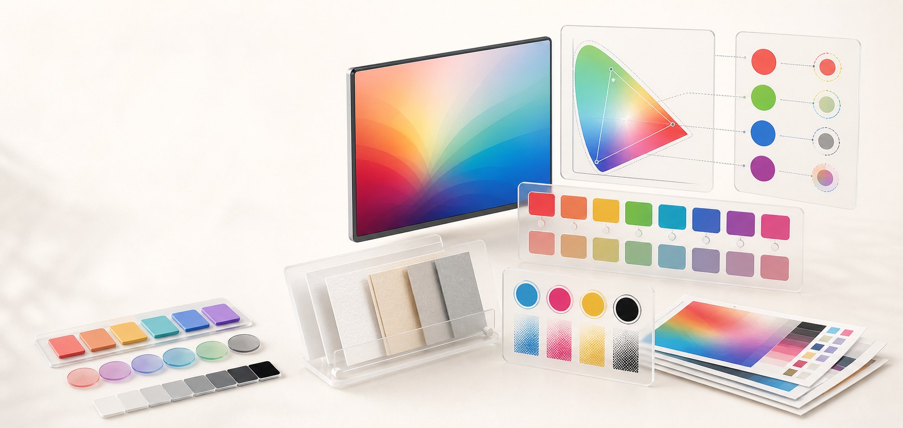 Abstract gamut and print methodology workspace with screen color panels, gamut boundary diagrams, out-of-gamut swatches, CMYK-style ink separations, paper samples, and print handoff checks.