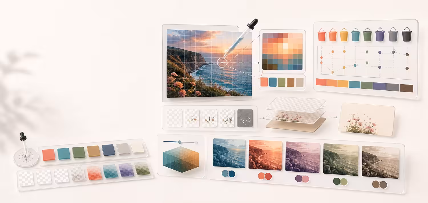 Abstract image sampling and processing methodology workspace with a sampled canvas image, eyedropper target, pixel grid, transparent alpha layers, extracted palette buckets, and duotone preview panels.