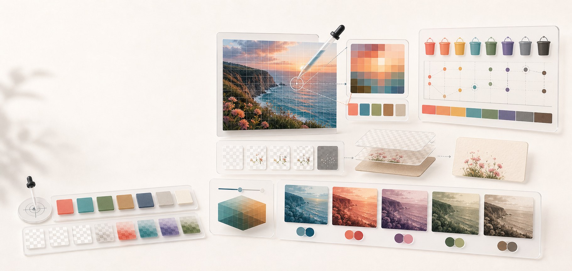 Abstract image sampling and processing methodology workspace with a sampled canvas image, eyedropper target, pixel grid, transparent alpha layers, extracted palette buckets, and duotone preview panels.