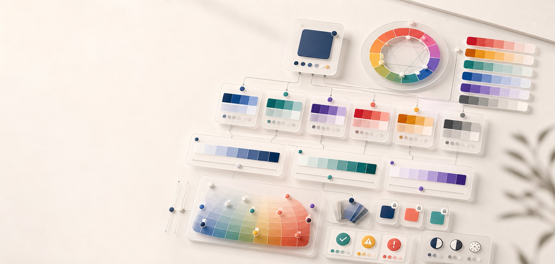 Abstract palette generation methodology workspace with a seed swatch, harmony wheel, role-based palette cards, scale ladders, locked colors, and accessibility checks.