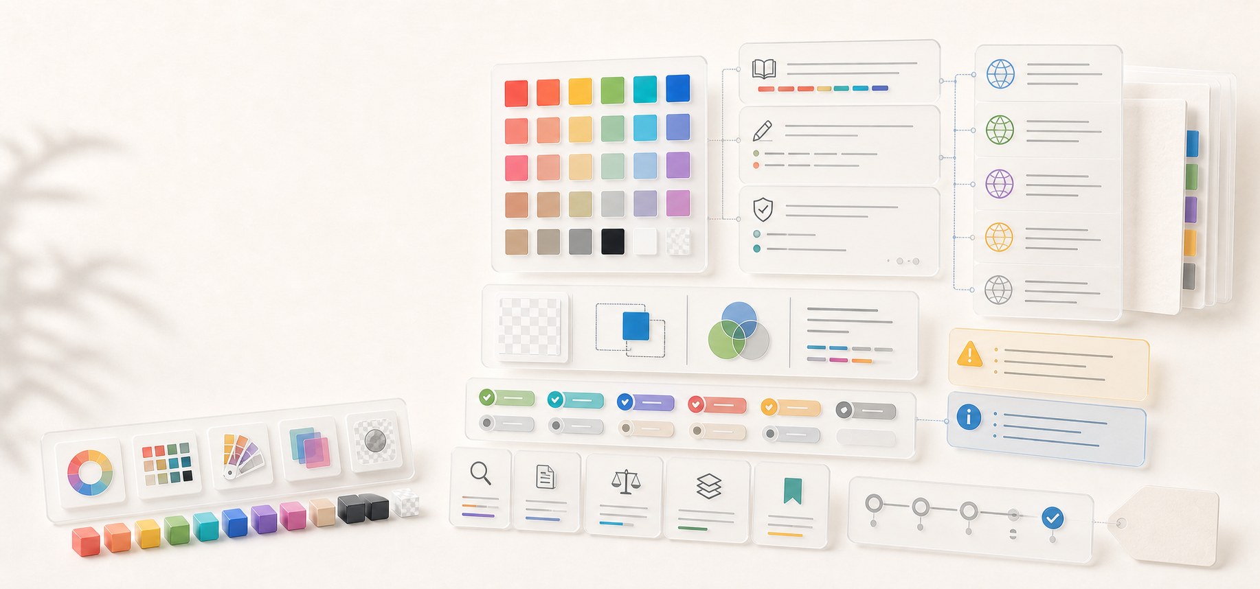 Abstract reference data and editorial policy workspace with CSS color swatch cards, glossary panels, standards source cards, caveat callouts, status badges, and review markers.
