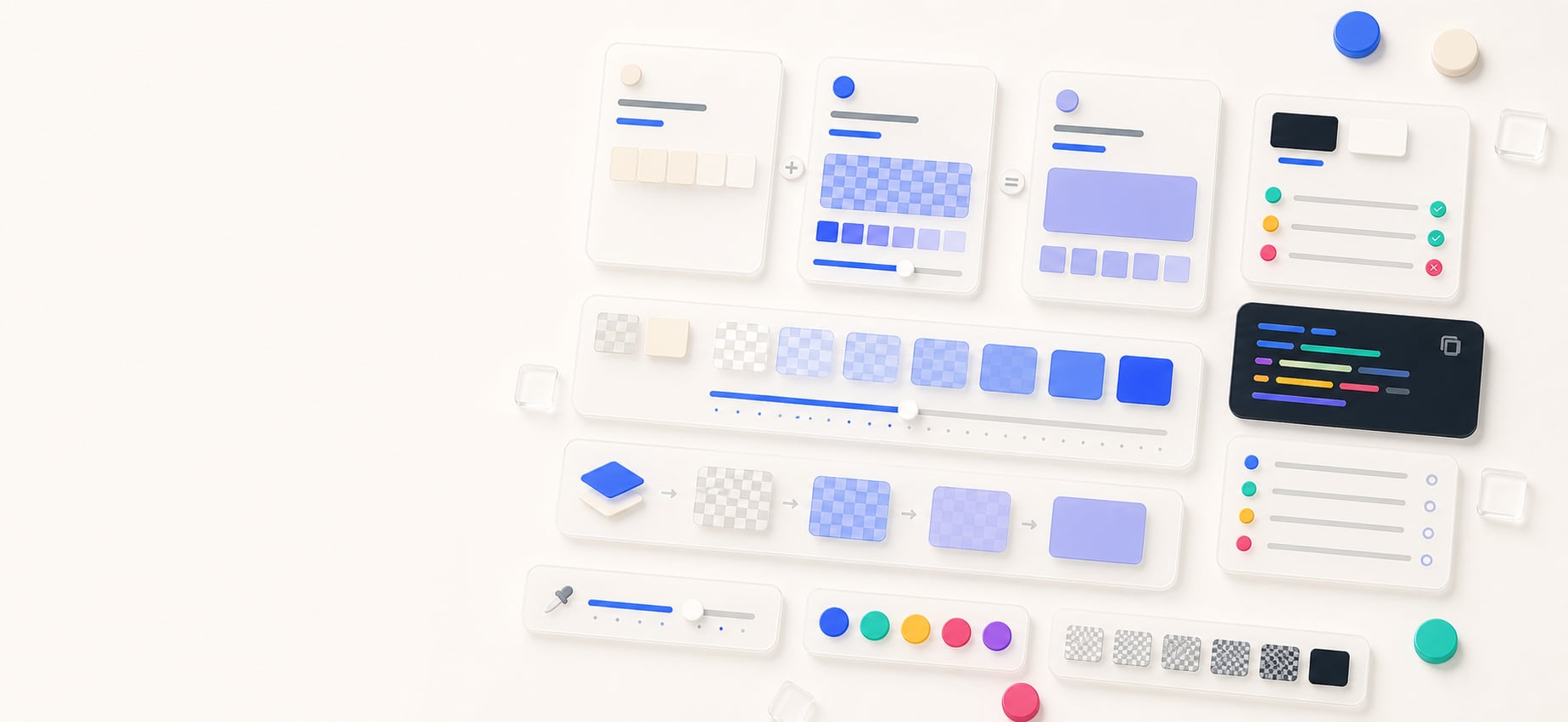 A polished opacity calculator workspace with translucent overlay cards, checkerboard alpha tiles, an opacity slider, rendered color swatches, text contrast chips, and abstract CSS alpha output.