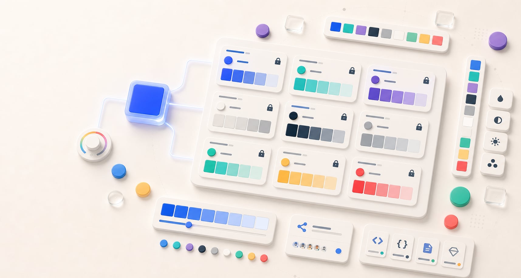 A polished palette generator workspace with one blue seed color connected to a role-based palette board, lockable swatch cards, export tiles, color chips, and sharing controls.