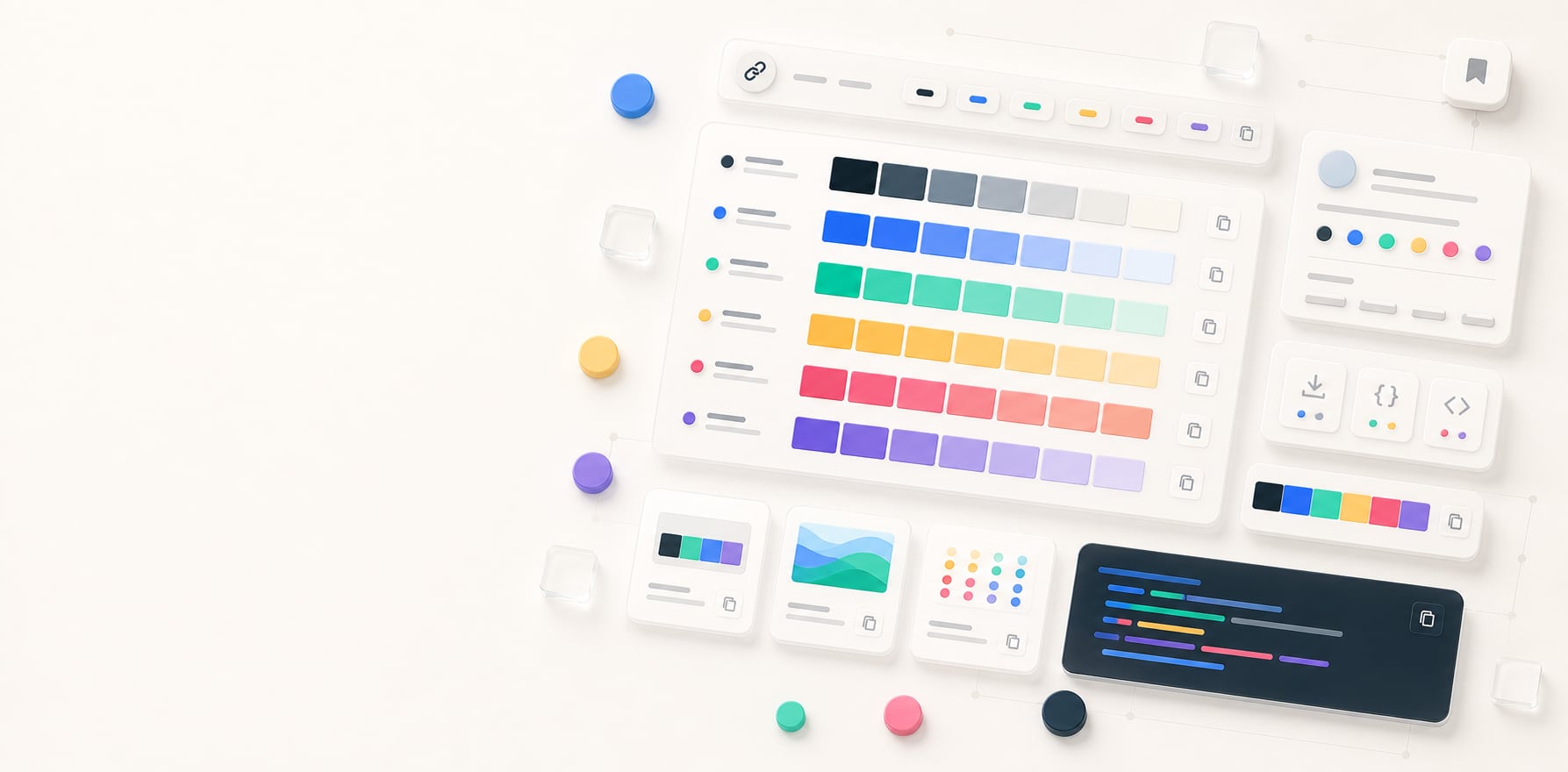 A polished shared palette viewer workspace with role-based swatch rows, copy controls, metadata cards, palette strip previews, and abstract export panels.