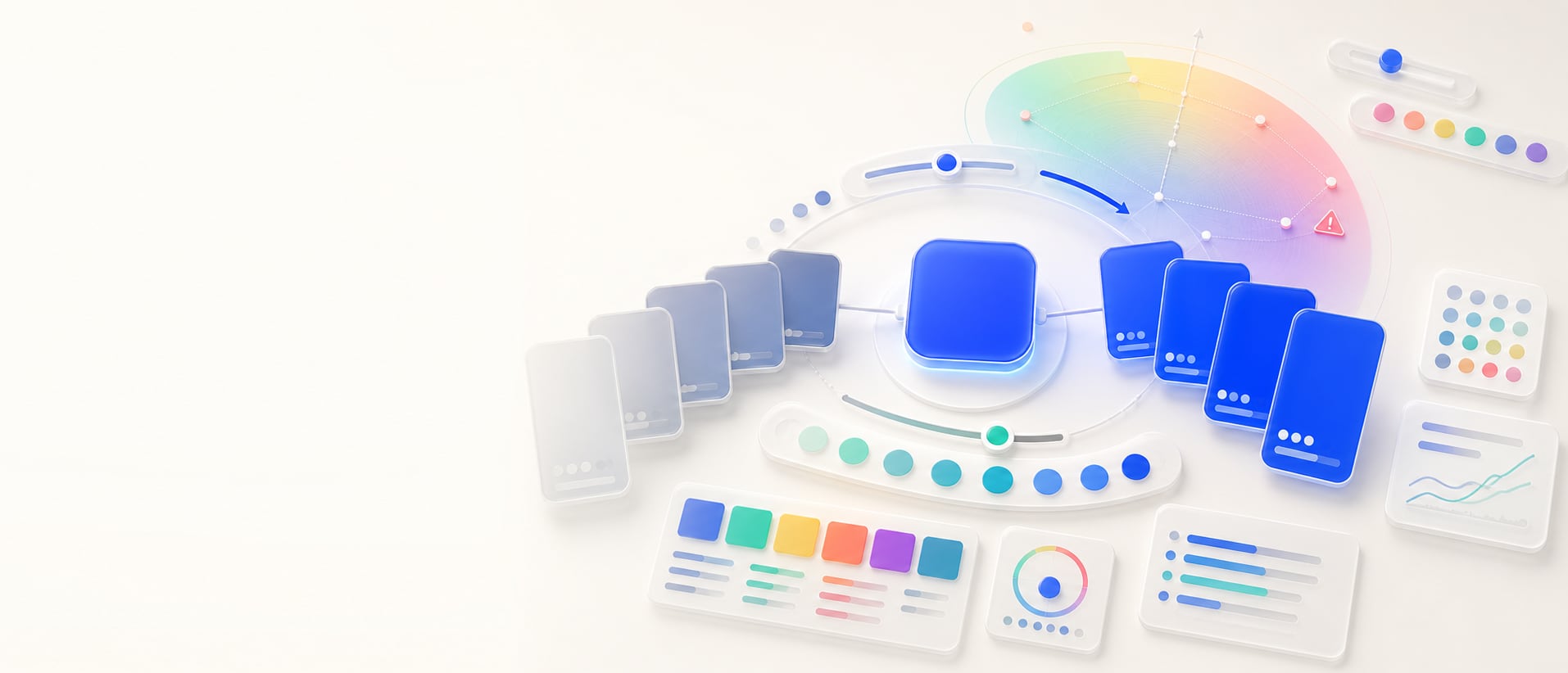 A polished saturation and chroma adjustment workspace with a base swatch, muted and intensified variant cards, saturation sliders, chroma diagrams, gamut markers, and abstract export panels.