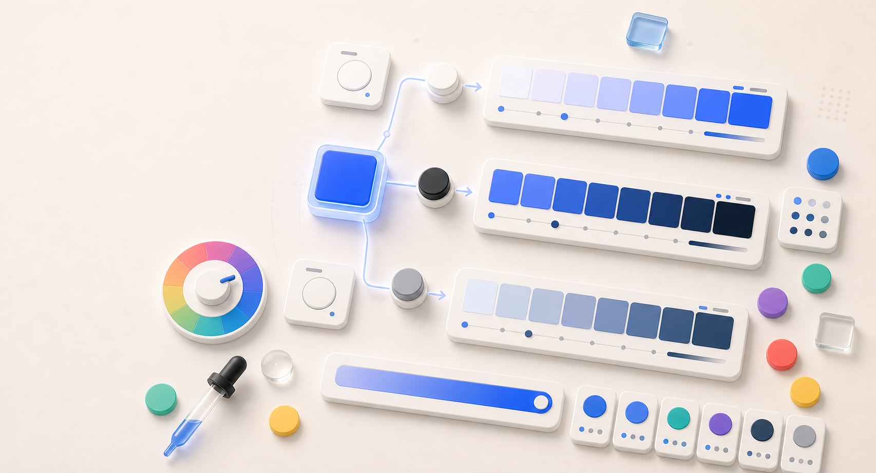 A polished tint, shade, and tone workspace with one blue seed color branching into lighter, darker, and muted color scale cards with white, black, and gray mixing controls.