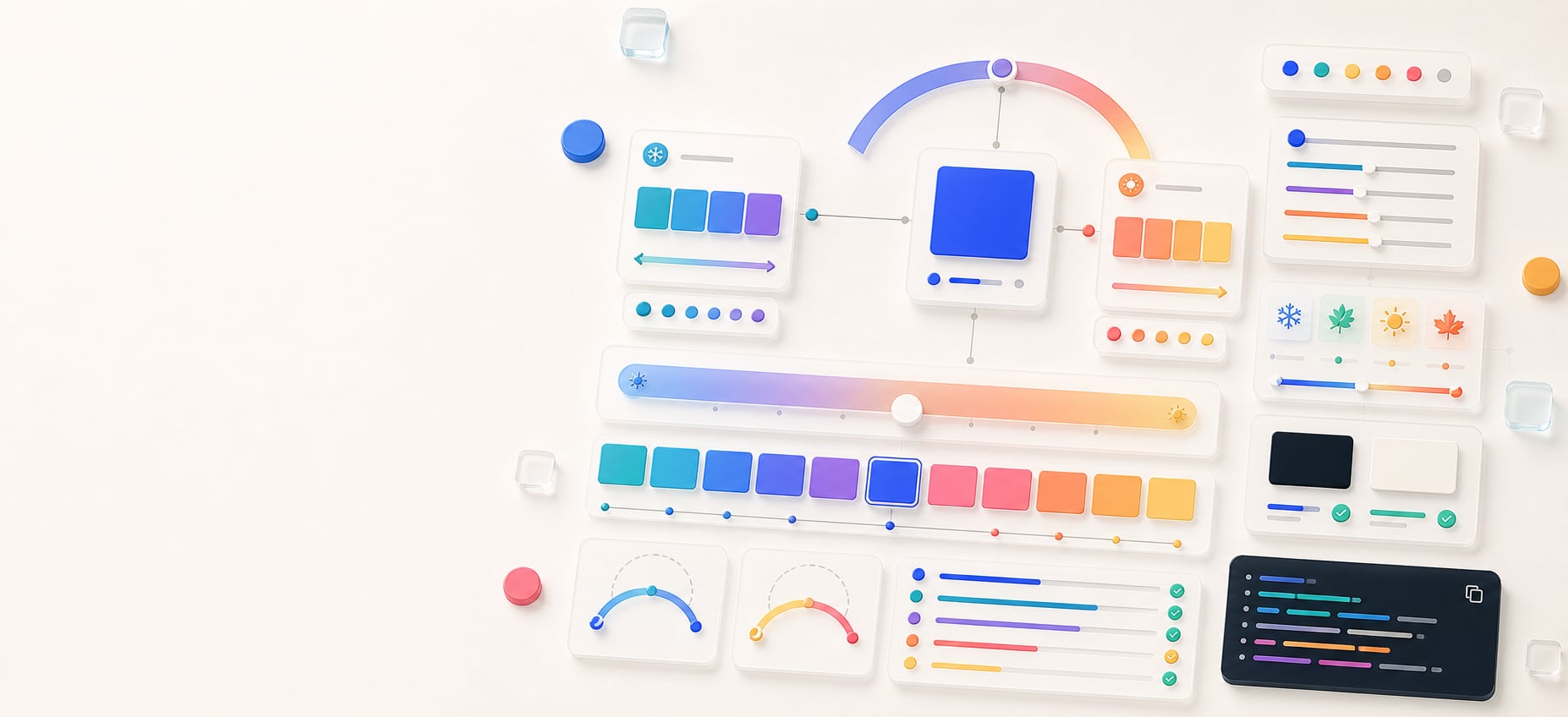 A polished color temperature adjustment workspace with a central base swatch, cooler and warmer variant cards, warm-cool slider, hue arcs, seasonal color chips, and abstract export panels.