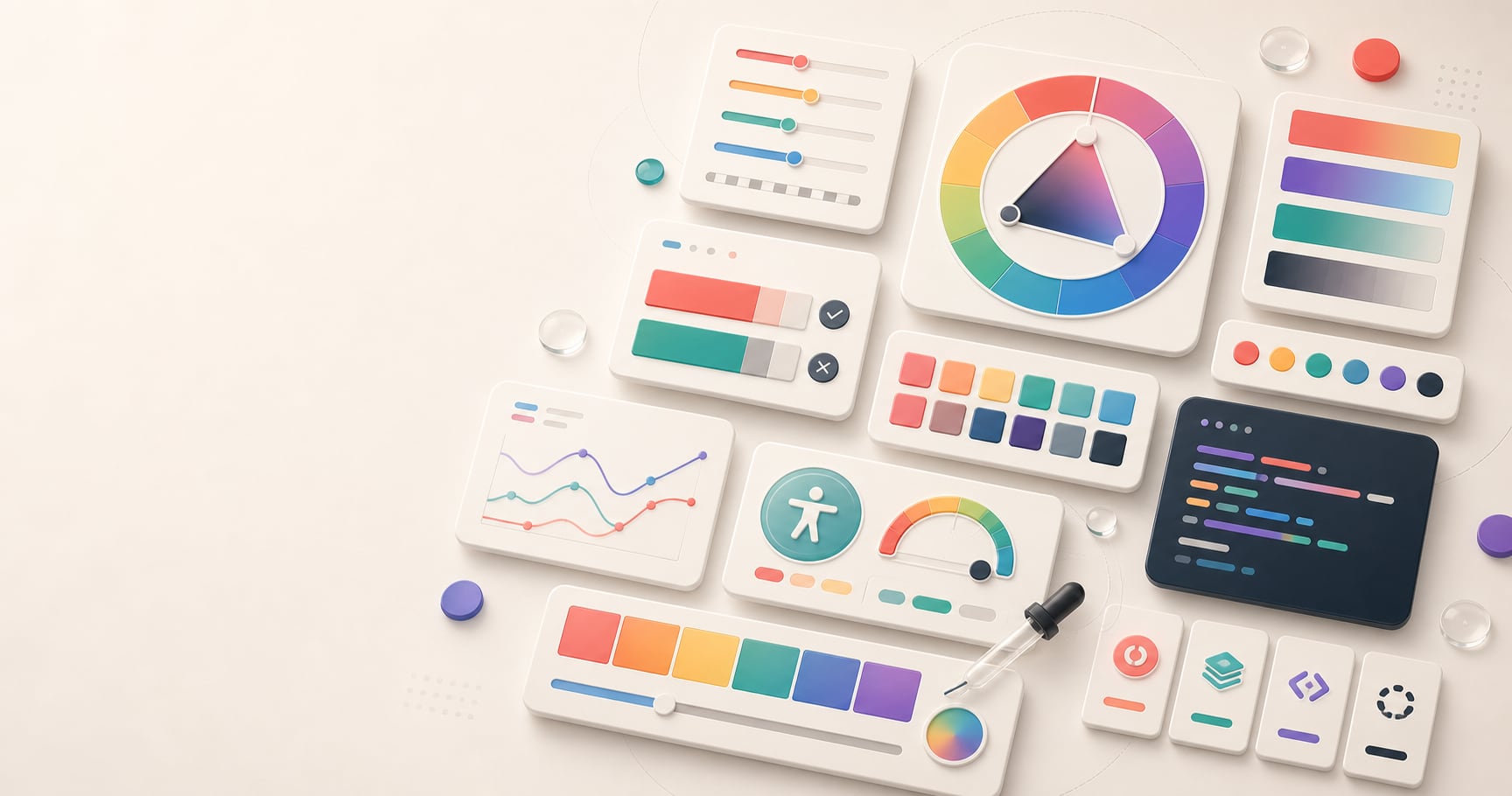 A polished color tool workspace with palette swatches, color picker controls, contrast meters, gradients, and export panels.